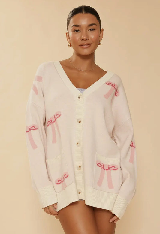 Bow Knit Cardigan in Baby Pink